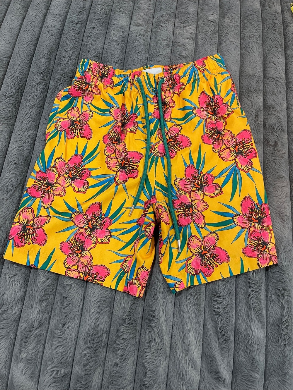 Cove Yellow Swim Trunks with Pink Floral & Teal Leaf Accents